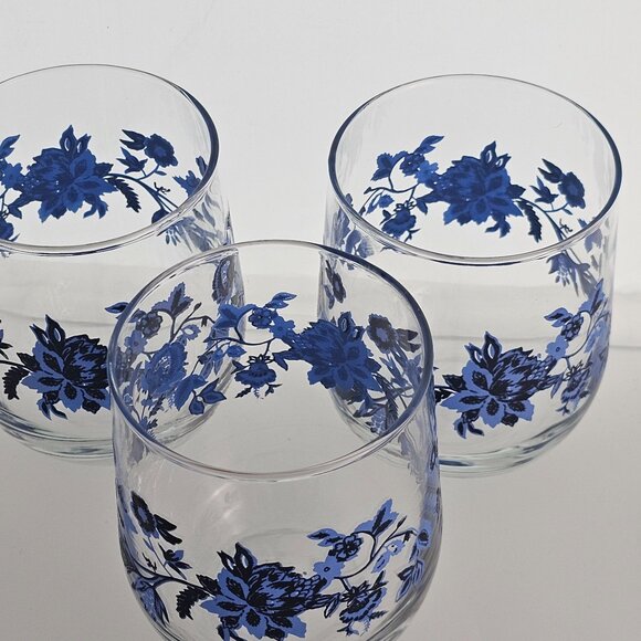 3 Royal Norfolk Blue Floral Juice Glasses Set 16oz black accent flowers 4" - Picture 6 of 8